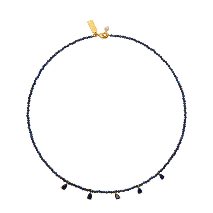Beaded Necklace With CZ Drops- Lapis