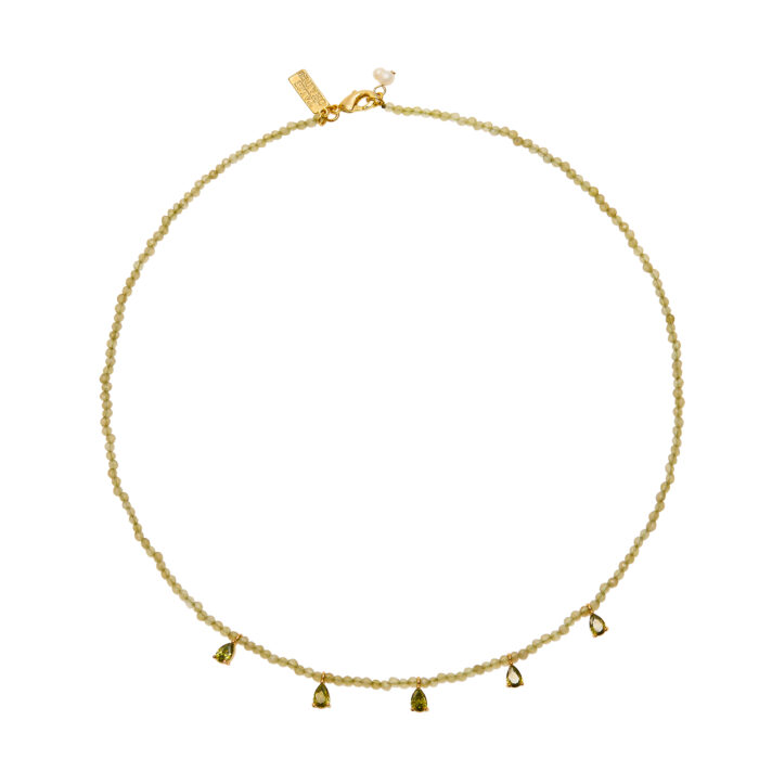 Beaded Necklace With CZ Drops- Green Jade