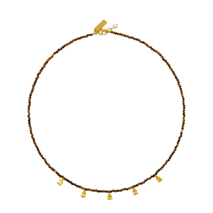 Beaded Necklace With CZ Drops- Tiger's Eye