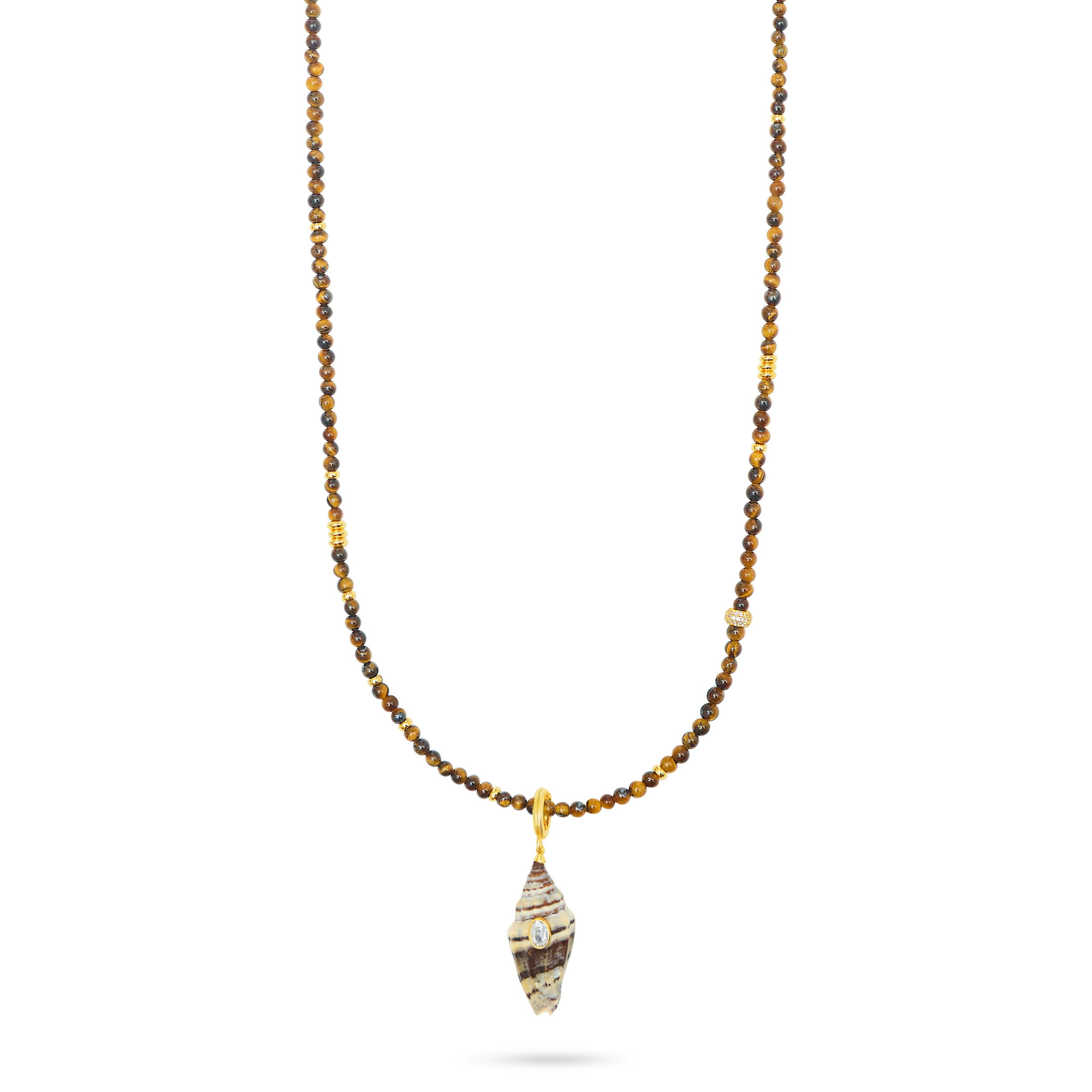 Shell Pendant On Tiger's Eye Beads Necklace- LONG - Image 3