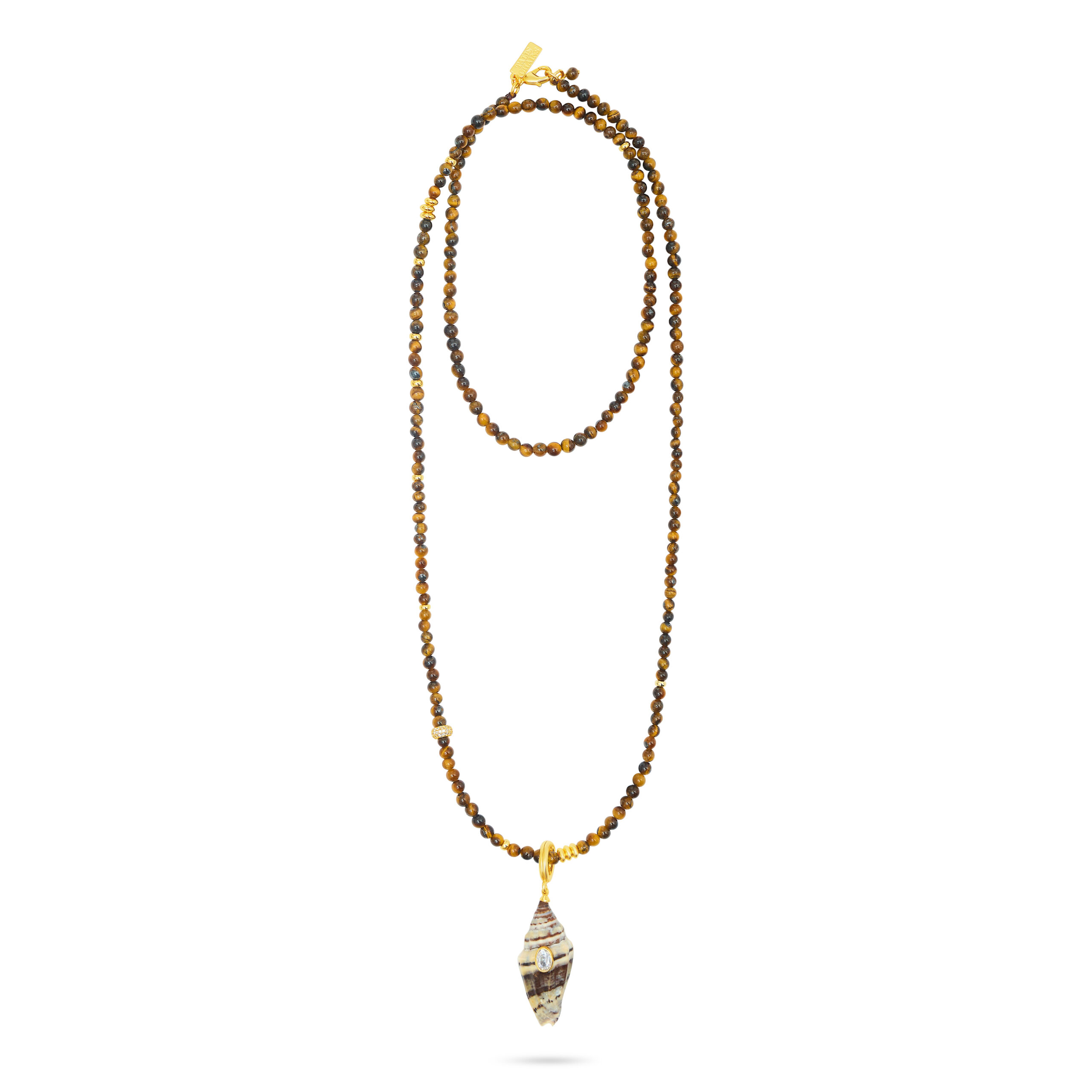 Shell Pendant On Tiger's Eye Beads Necklace- LONG